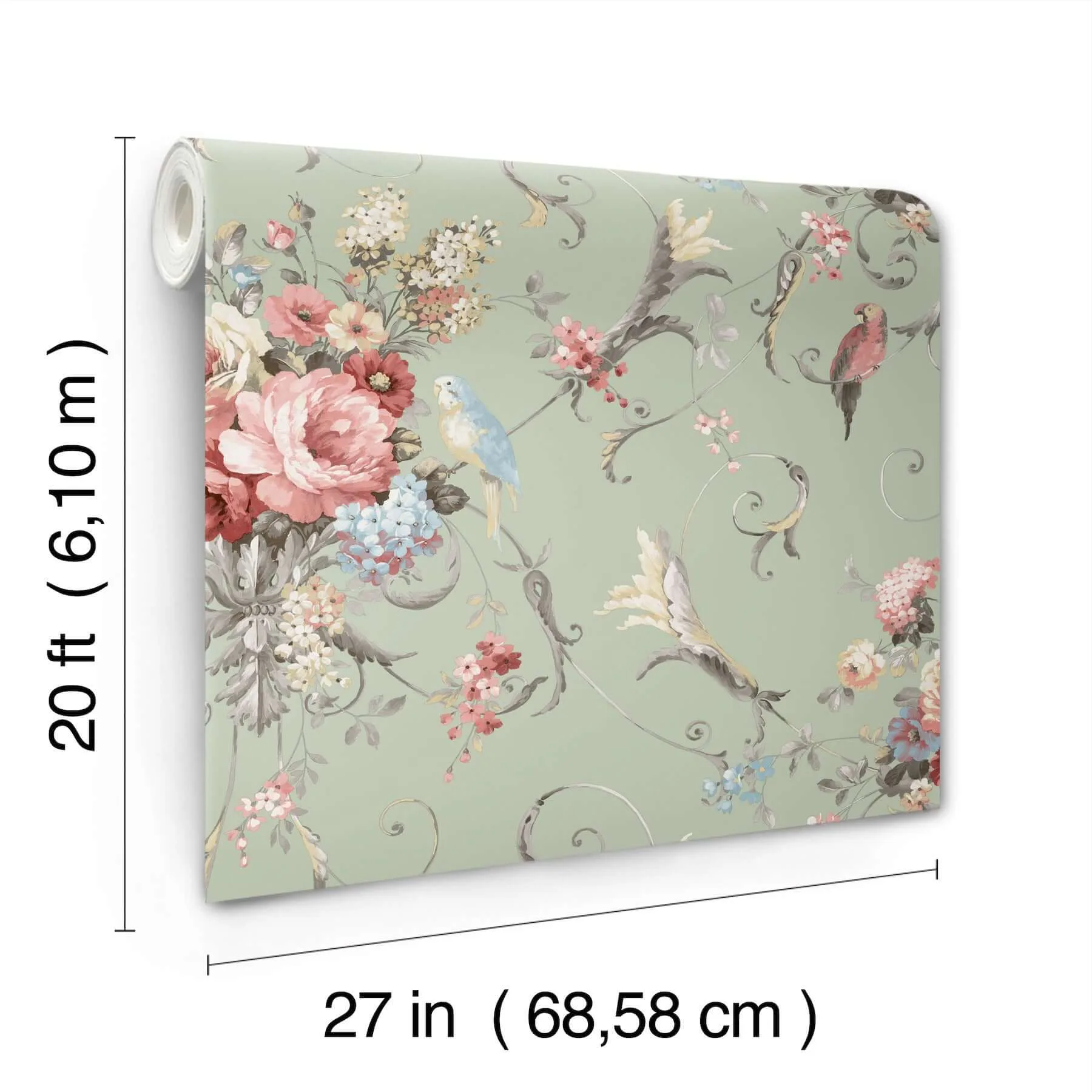 York Wallcoverings Parrots with Floral Bouquets - Eucalyptus Wallpaper | Buy Online York Wallcoverings Parrots with Floral Bouquets wallpaper, color Eucalyptus, SKU PSW1361RL
