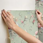 York Wallcoverings Parrots with Floral Bouquets - Eucalyptus Wallpaper | Buy Online York Wallcoverings Parrots with Floral Bouquets wallpaper, color Eucalyptus, SKU PSW1361RL