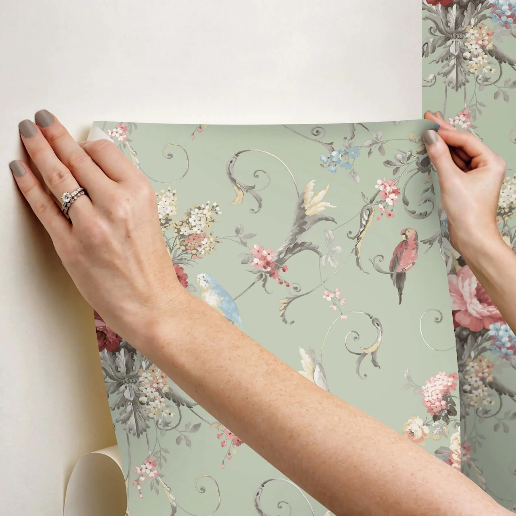 York Wallcoverings Parrots with Floral Bouquets - Eucalyptus Wallpaper | Buy Online York Wallcoverings Parrots with Floral Bouquets wallpaper, color Eucalyptus, SKU PSW1361RL