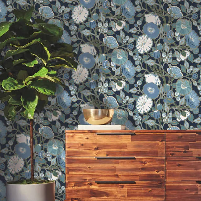 York Wallcoverings Poppies - Black & Blue Metallic Wallpaper | Buy Online York Wallcoverings Poppies wallpaper, color Black & Blue Metallic, SKU GO8312