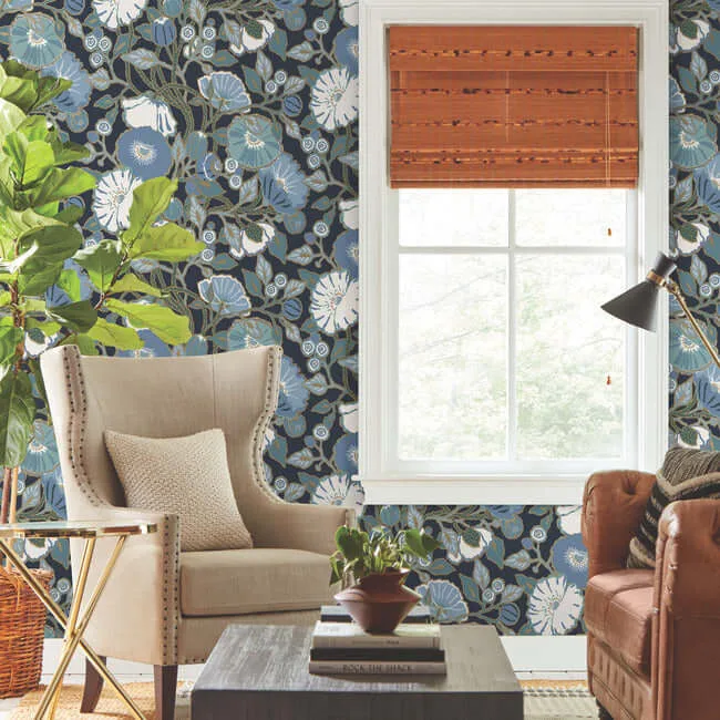 York Wallcoverings Poppies - Black & Blue Metallic Wallpaper | Buy Online York Wallcoverings Poppies wallpaper, color Black & Blue Metallic, SKU GO8312