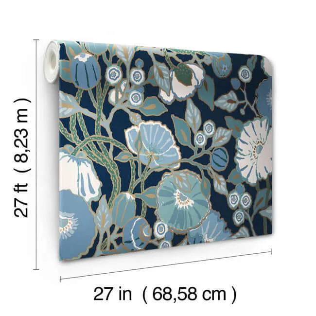 York Wallcoverings Poppies - Black & Blue Metallic Wallpaper | Buy Online York Wallcoverings Poppies wallpaper, color Black & Blue Metallic, SKU GO8312