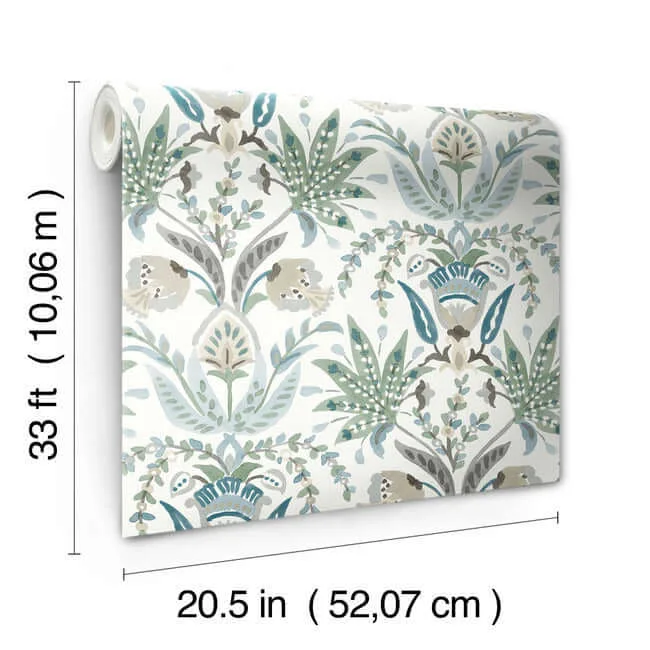 York Wallcoverings Seaside Jacobean wallpaper, color Green & Blue, SKU MN1910