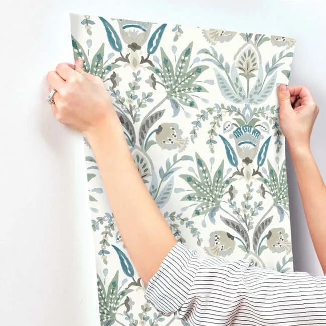 York Wallcoverings Seaside Jacobean wallpaper, color Green & Blue, SKU MN1910