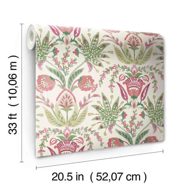 York Wallcoverings Seaside Jacobean wallpaper, color Green & Red, SKU MN1914