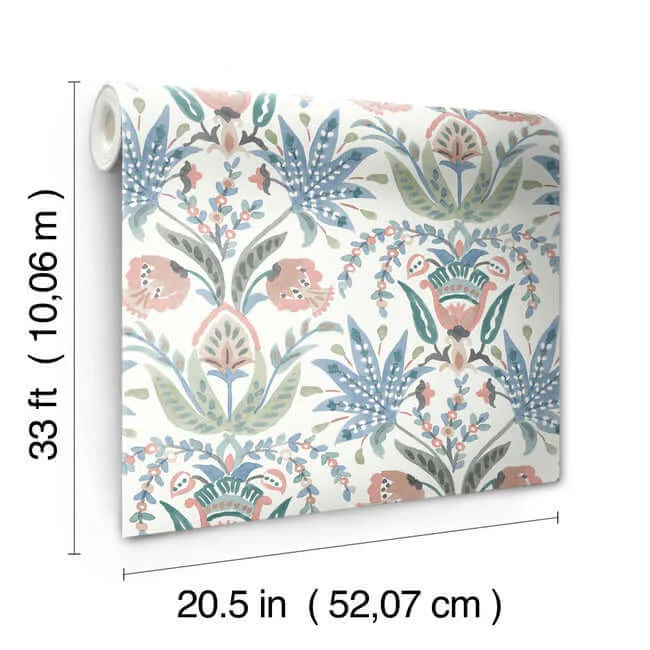 York Wallcoverings Seaside Jacobean - Pink & Blue Wallpaper | Buy Online York Wallcoverings Seaside Jacobean wallpaper, color Pink & Blue, SKU MN1912
