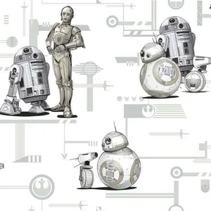 York Wallcoverings Star Wars: The Rise of Skywalker, Droids! wallpaper, color Black & White, SKU DI0947
