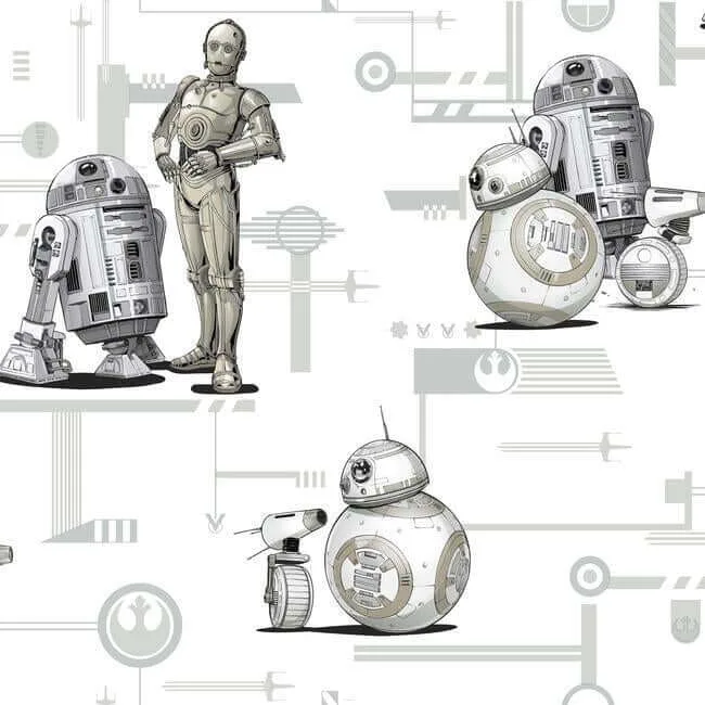 York Wallcoverings Star Wars: The Rise of Skywalker, Droids! wallpaper, color Black & White, SKU DI0947