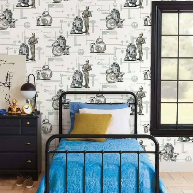 York Wallcoverings Star Wars: The Rise of Skywalker, Droids! wallpaper, color Black & White, SKU DI0947