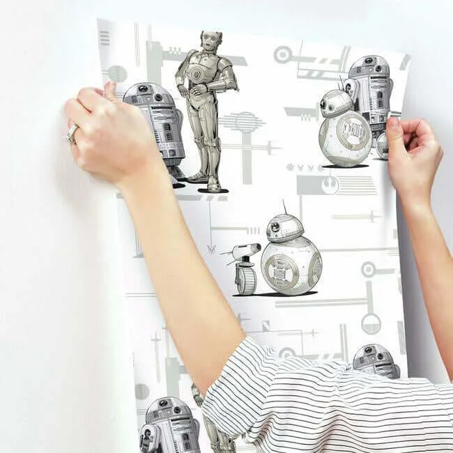 York Wallcoverings Star Wars: The Rise of Skywalker, Droids! wallpaper, color Black & White, SKU DI0947