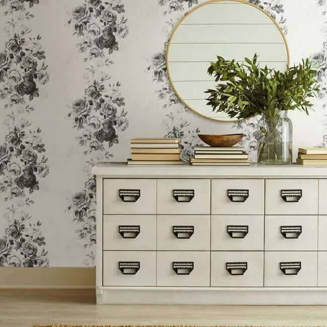 York Wallcoverings Magnolia Home Tea Rose wallpaper, color White & Black, SKU PSW1157RL