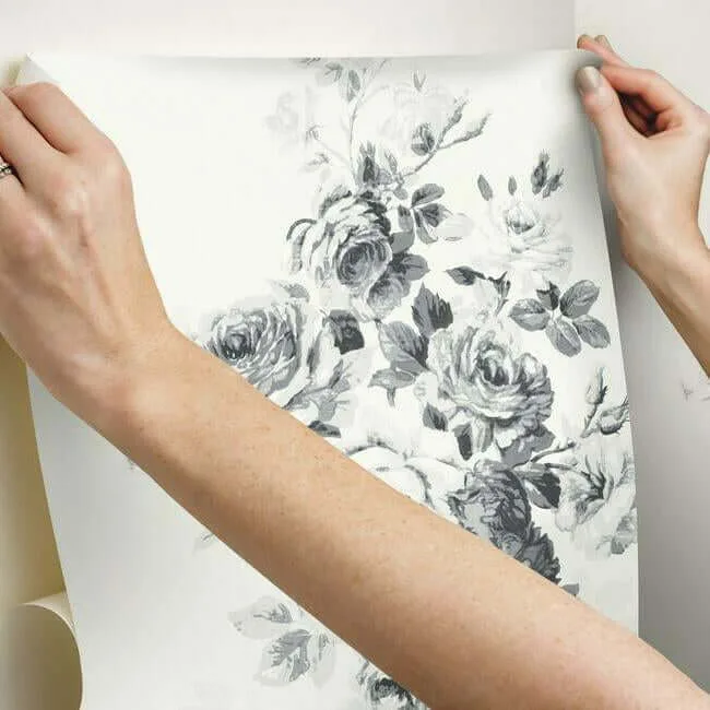 York Wallcoverings Magnolia Home Tea Rose wallpaper, color White & Black, SKU PSW1157RL