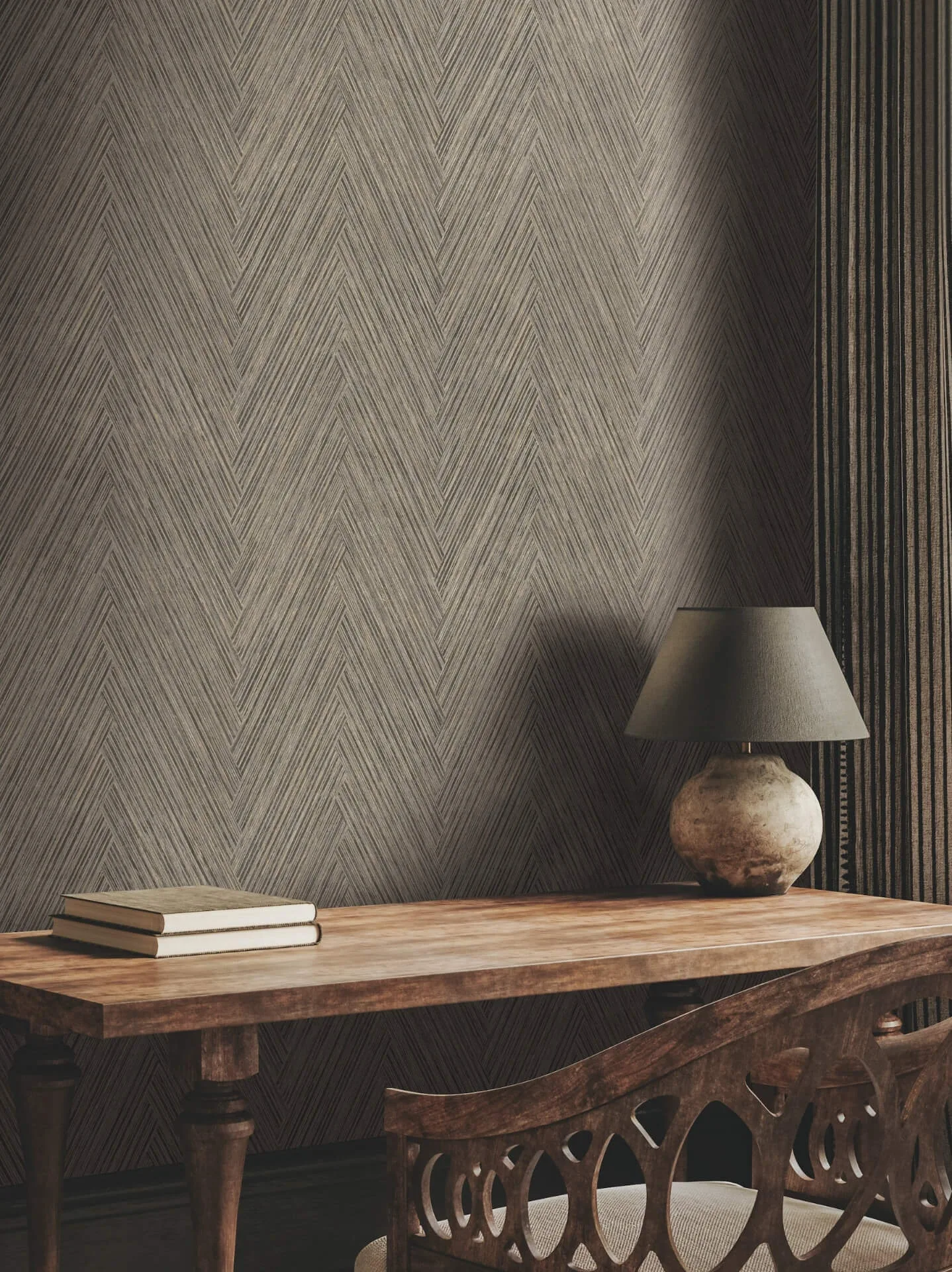 York Wallcoverings Thatched Chevron wallpaper, color Charcoal, SKU FM1051