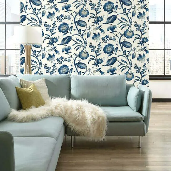 York Wallcoverings Watercolor Jacobean - Blue & White Wallpaper | Buy Online York Wallcoverings Watercolor Jacobean wallpaper, color Blue & White, SKU AT7021