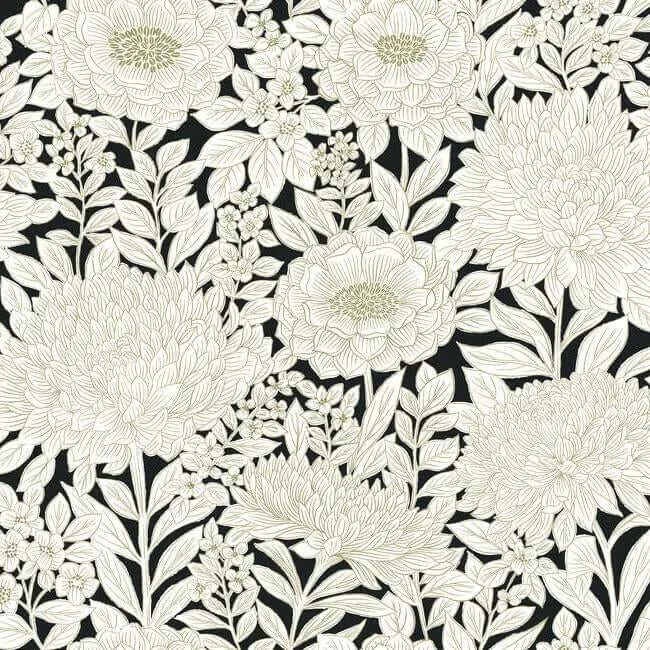 York Wallcoverings Wood Block Blooms wallpaper, color Black & Gold, SKU BW3923