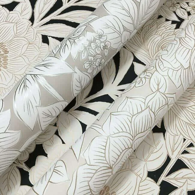 York Wallcoverings Wood Block Blooms wallpaper, color Black & Gold, SKU BW3923