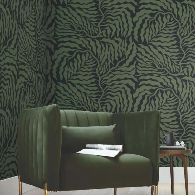 York Wallcoverings Fern Fronds wallpaper, color Black & Green, SKU AG2061