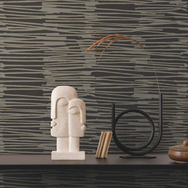 York Wallcoverings Water Reed Thatch wallpaper, color Black & Gold, SKU AG2095