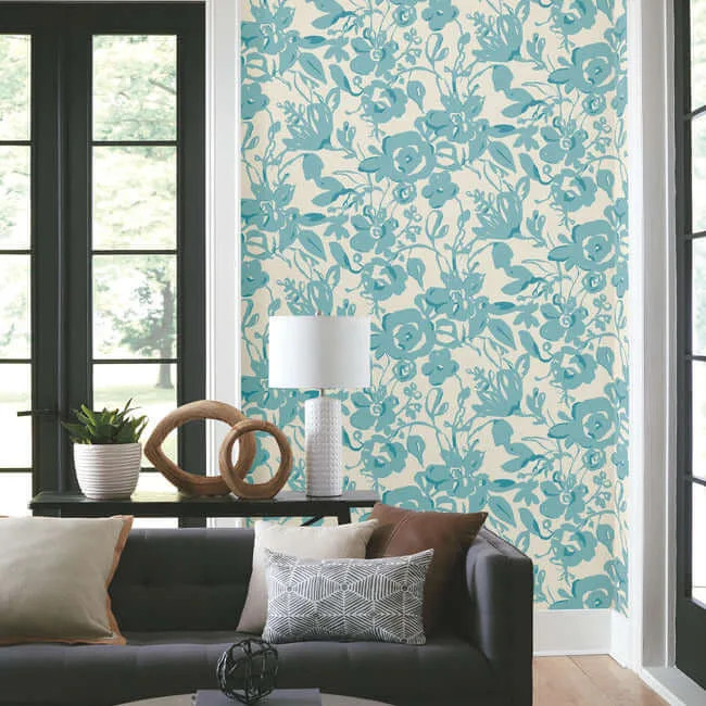 York Wallcoverings Brushstroke Floral wallpaper, color Aqua, SKU BL1736
