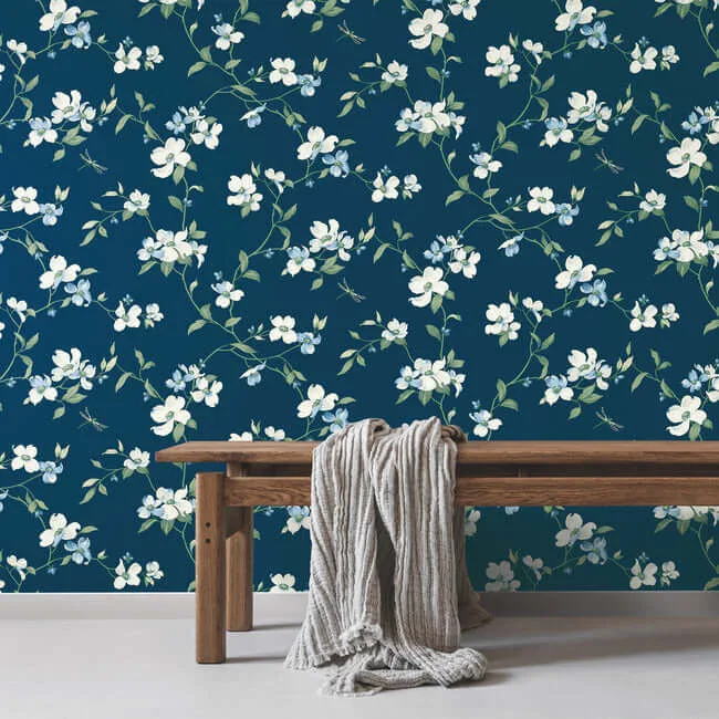 York Wallcoverings Dogwood - Navy Wallpaper | Buy Online York Wallcoverings Dogwood wallpaper, color Navy, SKU BL1761