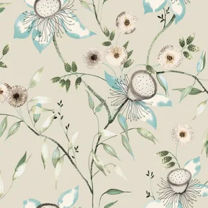 York Wallcoverings Dream Blossom wallpaper, color Taupe & Aqua, SKU BL1794