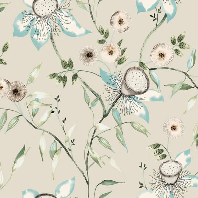York Wallcoverings Dream Blossom wallpaper, color Taupe & Aqua, SKU BL1794