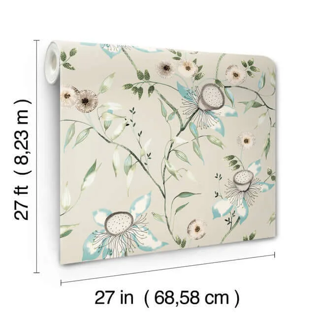 York Wallcoverings Dream Blossom wallpaper, color Taupe & Aqua, SKU BL1794
