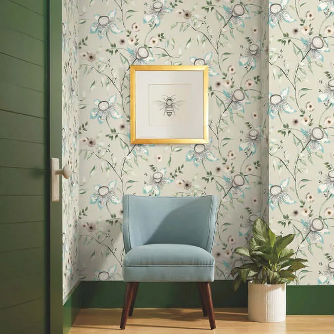 York Wallcoverings Dream Blossom wallpaper, color Taupe & Aqua, SKU BL1794