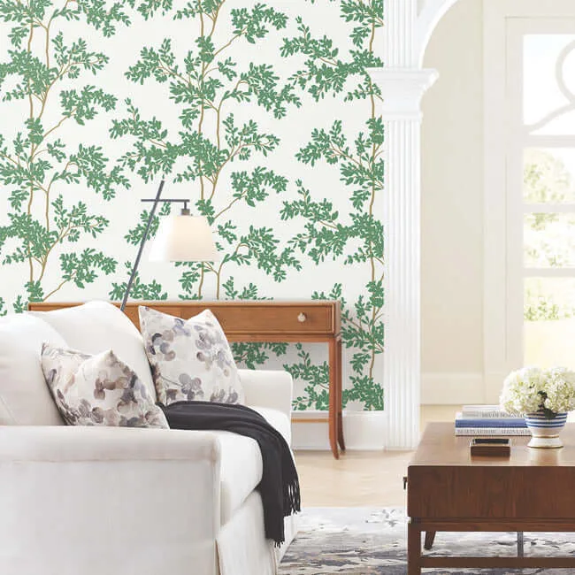 York Wallcoverings Lunaria Silhouette - White & Green Wallpaper | Buy Online York Wallcoverings Lunaria Silhouette wallpaper, color White & Green, SKU BL1801