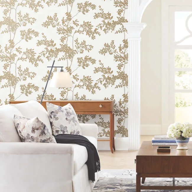 York Wallcoverings Lunaria Silhouette - White & Gold Wallpaper | Buy Online York Wallcoverings Lunaria Silhouette wallpaper, color White & Gold, SKU BL1806