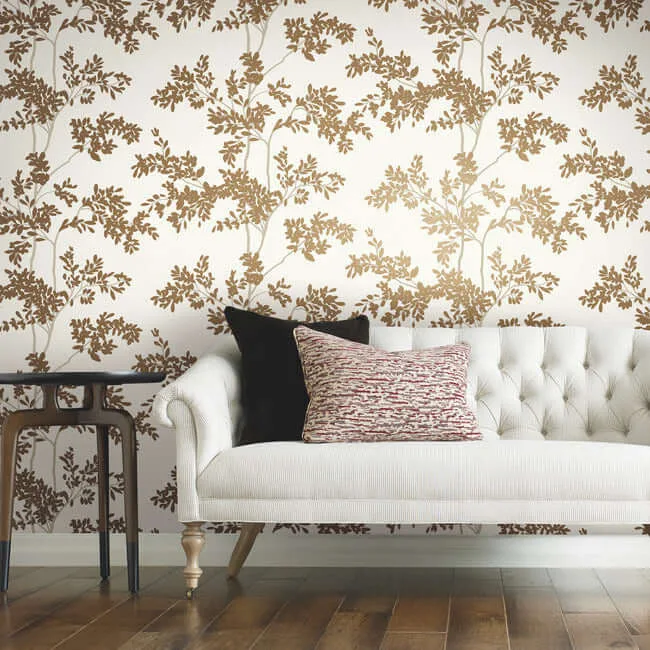 York Wallcoverings Lunaria Silhouette - White & Gold Wallpaper | Buy Online York Wallcoverings Lunaria Silhouette wallpaper, color White & Gold, SKU BL1806