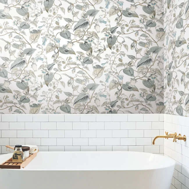 York Wallcoverings Moon Flower - White & Blue Wallpaper | Buy Online York Wallcoverings Moon Flower wallpaper, color White & Blue, SKU BL1715