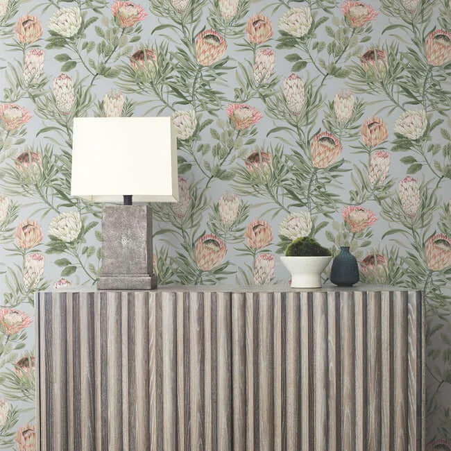 York Wallcoverings Protea wallpaper, color Dusty Blue & Coral, SKU BL1755