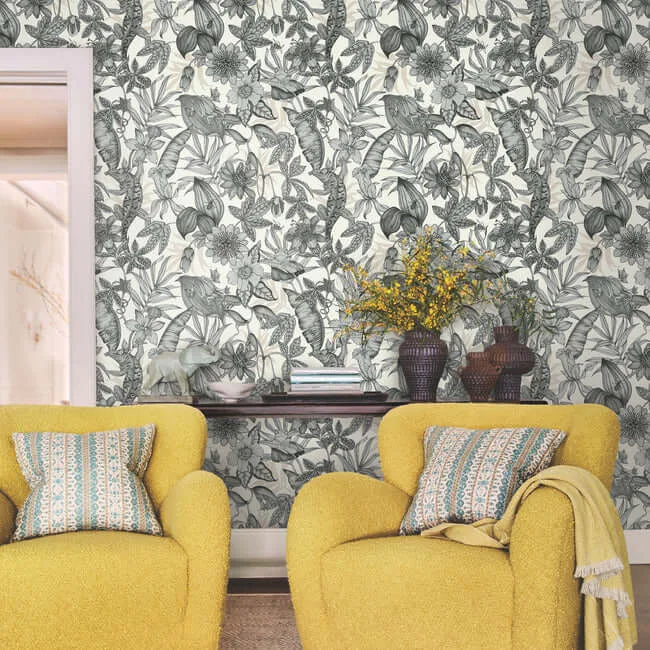 York Wallcoverings Rainforest - White & Charcoal Wallpaper | Buy Online York Wallcoverings Rainforest wallpaper, color White & Charcoal, SKU BL1703