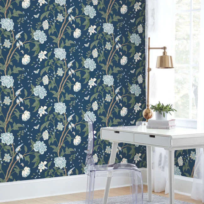York Wallcoverings Teahouse Floral - Navy Wallpaper | Buy Online York Wallcoverings Teahouse Floral wallpaper, color Navy, SKU BL1782