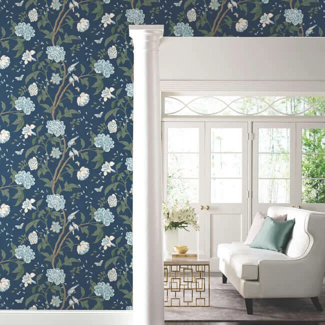 York Wallcoverings Teahouse Floral - Navy Wallpaper | Buy Online York Wallcoverings Teahouse Floral wallpaper, color Navy, SKU BL1782