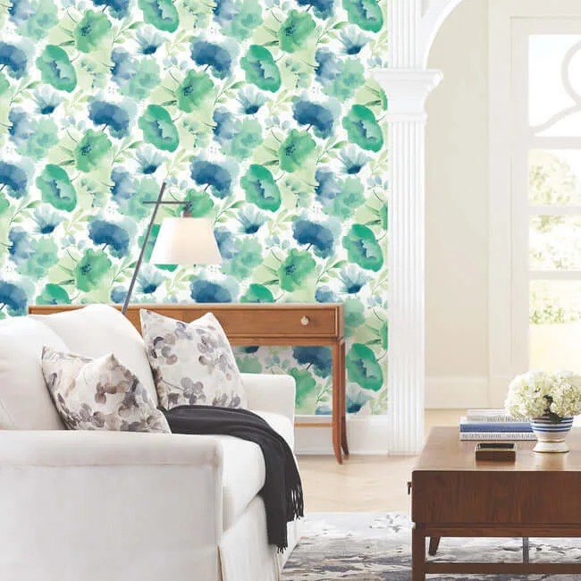 York Wallcoverings Watercolor Bouquet wallpaper, color Blue & Green, SKU BL1774