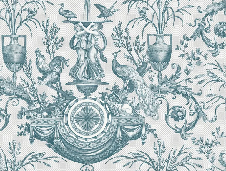 York Wallcoverings Avian Fountain Toile wallpaper, color Jade, SKU RT7811