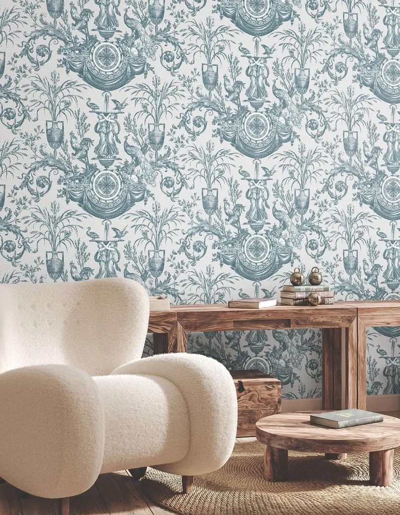 York Wallcoverings Avian Fountain Toile wallpaper, color Jade, SKU RT7811