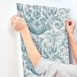 York Wallcoverings Avian Fountain Toile - Jade Wallpaper | Buy Online York Wallcoverings Avian Fountain Toile wallpaper, color Jade, SKU RT7811