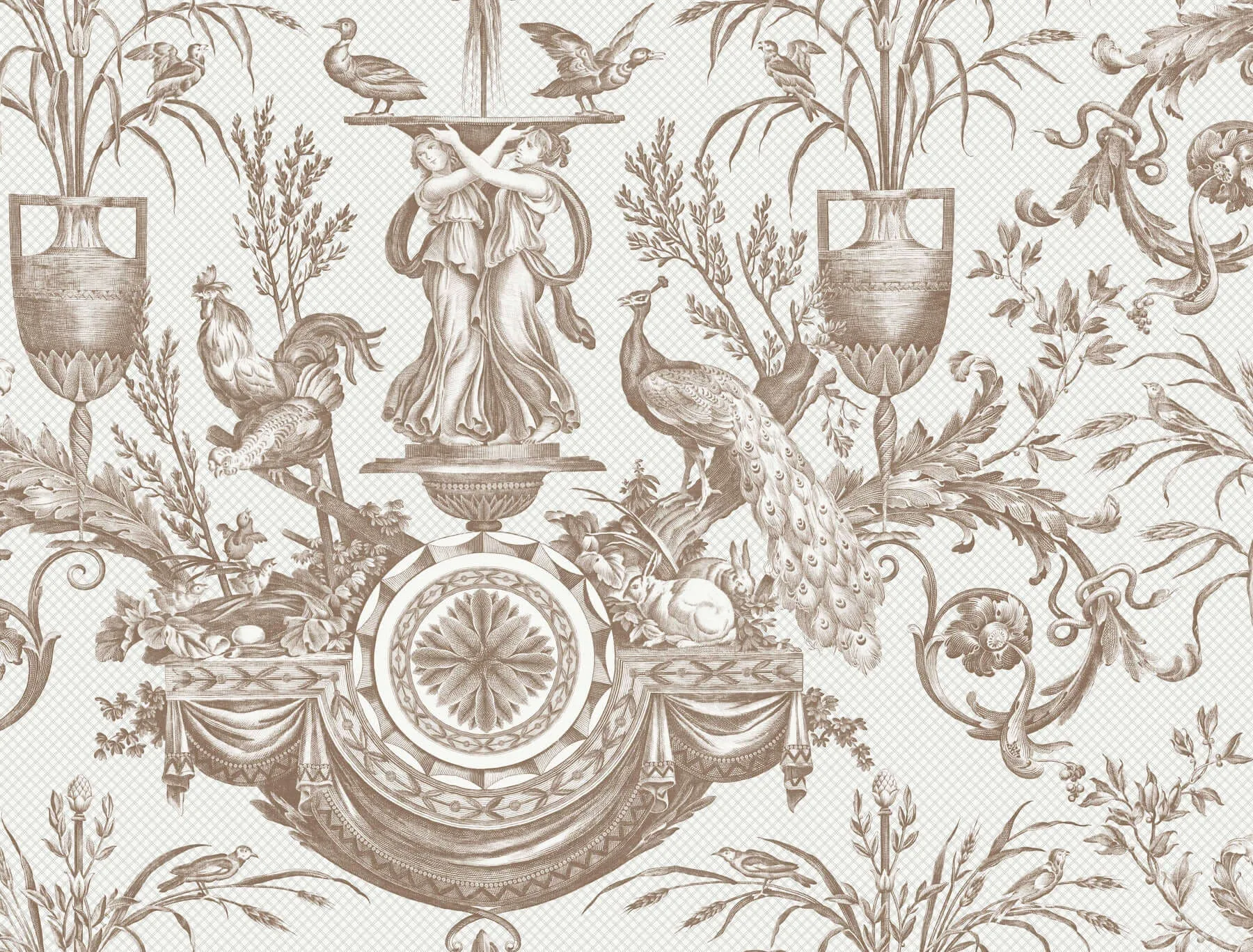 York Wallcoverings Avian Fountain Toile wallpaper, color Mink, SKU RT7812