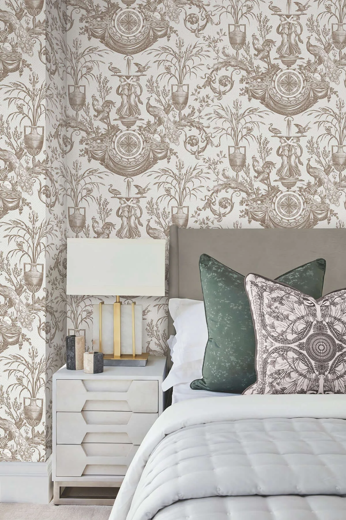 York Wallcoverings Avian Fountain Toile wallpaper, color Mink, SKU RT7812