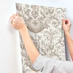 York Wallcoverings Avian Fountain Toile wallpaper, color Mink, SKU RT7812
