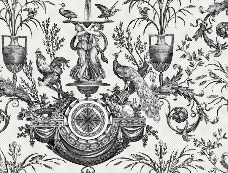 York Wallcoverings Avian Fountain Toile wallpaper, color Black, SKU RT7813