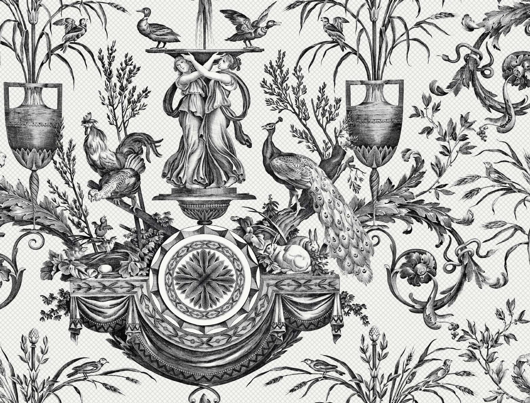 York Wallcoverings Avian Fountain Toile wallpaper, color Black, SKU RT7813