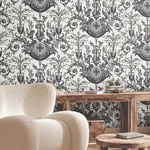 York Wallcoverings Avian Fountain Toile wallpaper, color Black, SKU RT7813