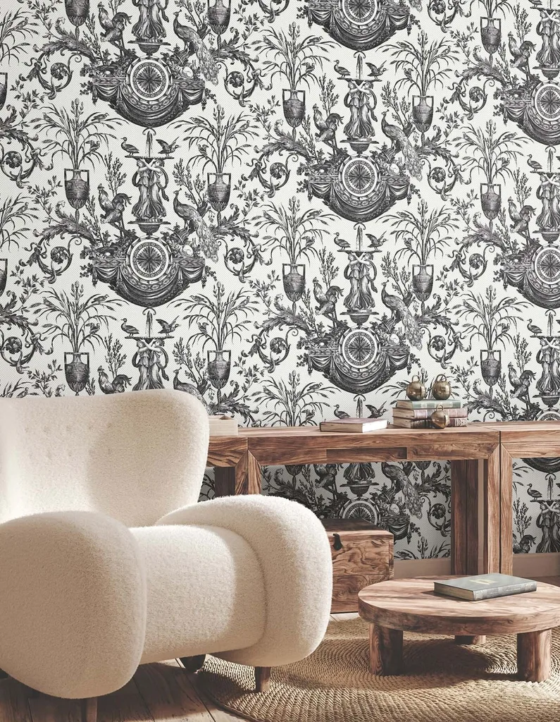 York Wallcoverings Avian Fountain Toile wallpaper, color Black, SKU RT7813