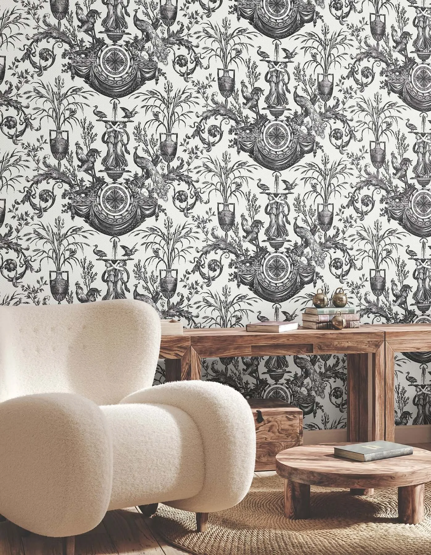 York Wallcoverings Avian Fountain Toile wallpaper, color Black, SKU RT7813