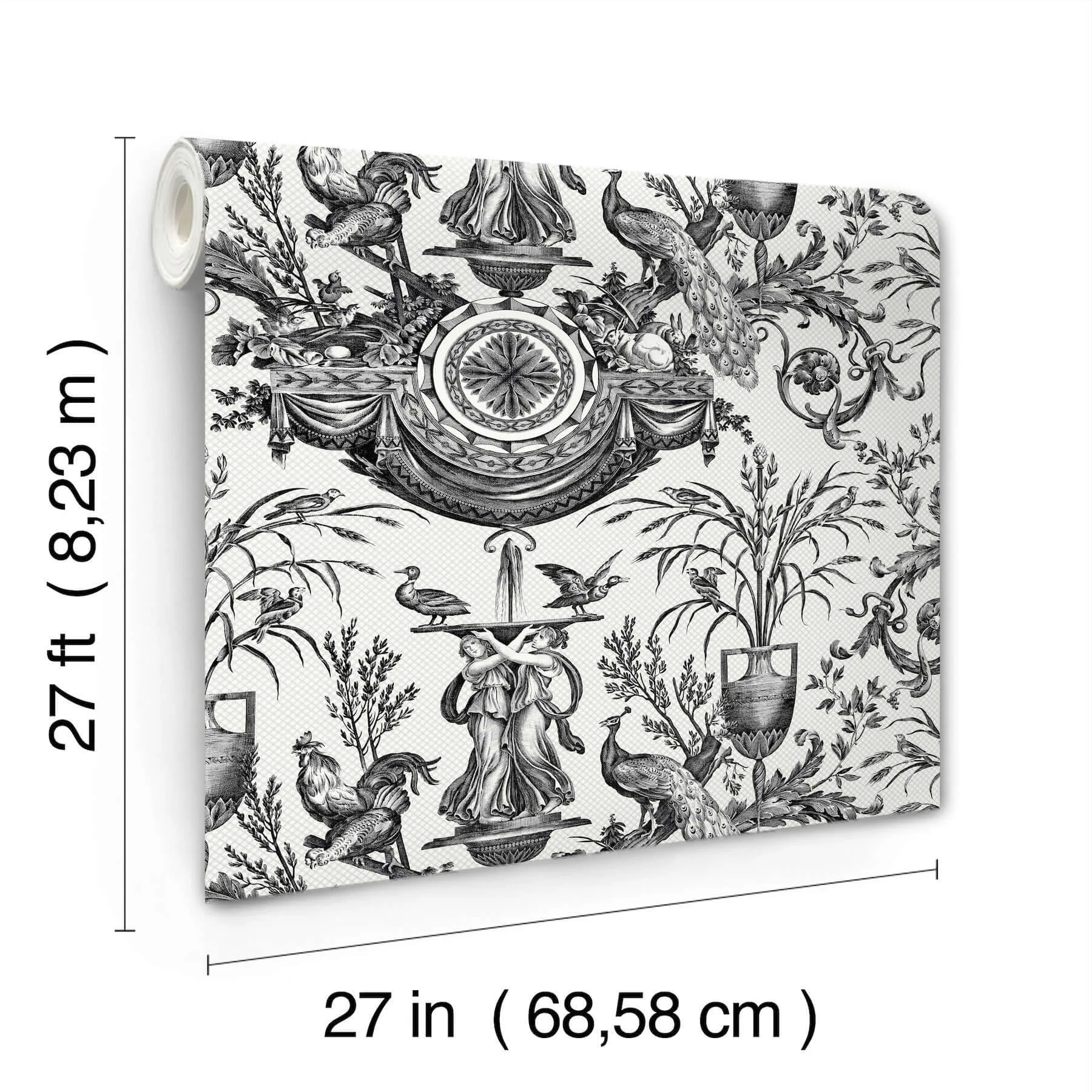 York Wallcoverings Avian Fountain Toile wallpaper, color Black, SKU RT7813