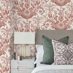 York Wallcoverings Avian Fountain Toile wallpaper, color Brick, SKU RT7814